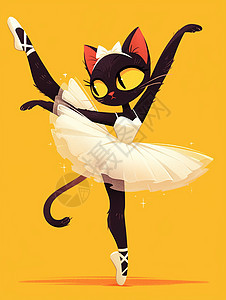 身穿白色蓬蓬裙开心跳舞的卡通黑猫图片