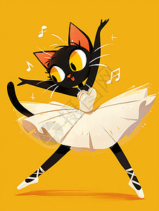 身穿白色蓬蓬裙开心跳舞的卡通小黑猫图片