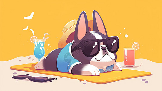 戴着墨镜在野餐垫上可爱的卡通小花狗图片