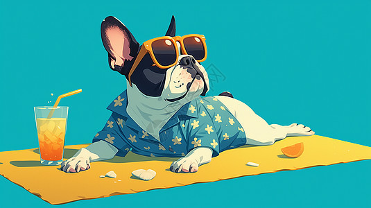 戴着墨镜趴在黄色野餐垫上休闲度假露营的卡通小花狗图片