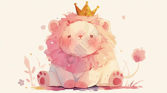 头上戴着金色皇冠的可爱的浅粉色卡通小狮子图片