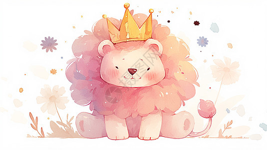 戴着金色皇冠的可爱的浅粉色卡通小狮子图片