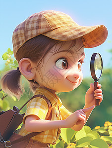 手拿着放大镜在森林中探索的卡通女孩图片