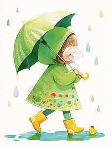 身穿绿色雨衣打着雨伞的卡通小女孩穿着雨鞋在雨中图片