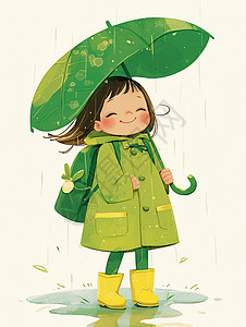走在雨中身穿绿色雨衣的可爱卡通女孩图片