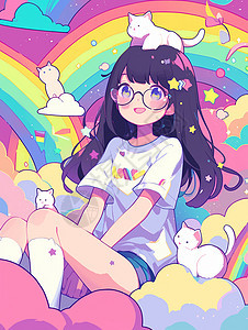 坐在彩虹云朵上可爱的长发卡通女孩图片