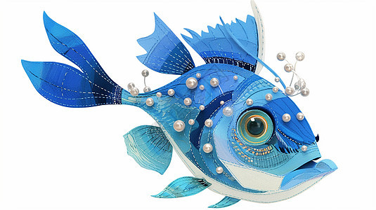 珍珠装饰的蓝色卡通小鱼图片