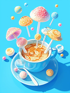 咖啡杯中各种可爱的彩色卡通小蘑菇图片
