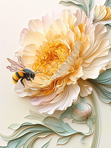 盛开的牡丹花上飞着一只可爱的卡通小蜜蜂图片
