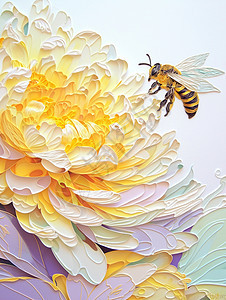牡丹花上飞着一只可爱的卡通小蜜蜂图片