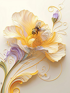 盛开的牡丹花上飞着一只卡通小蜜蜂图片