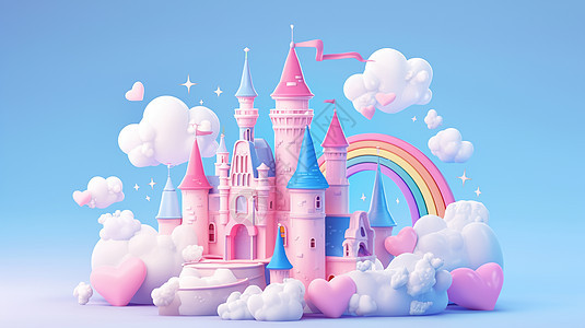 粉色唯美的卡通城堡周围环绕着云朵与彩虹图片