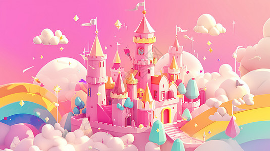云朵间彩虹下梦幻的卡通粉色城堡图片