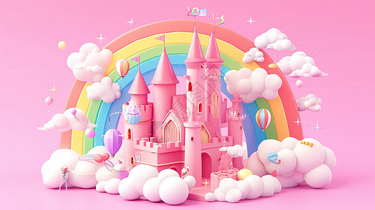 云朵间彩虹下唯美的卡通粉色城堡图片