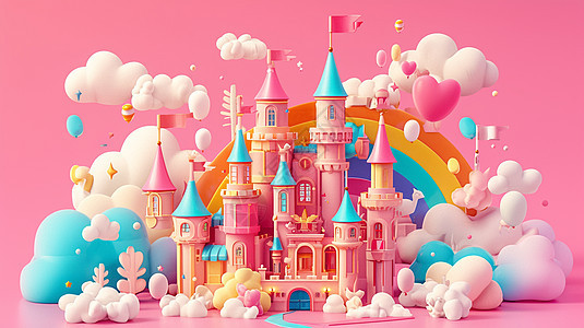 彩虹下梦幻唯美的卡通粉色城堡图片
