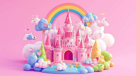 尖尖的房顶粉色美丽梦幻的卡通城堡图片