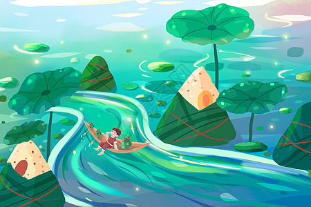 手绘端午节粽子划船喝酒场景插画图片