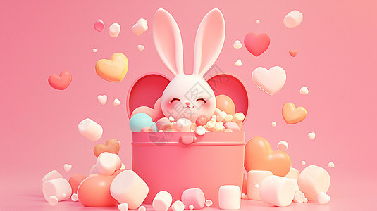 粉色棉花糖果盒子中的可爱卡通小白兔图片