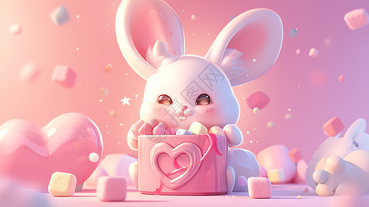 在粉色棉花糖果盒子中的可爱卡通白兔图片