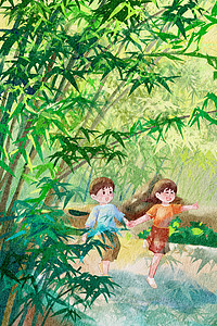 手绘小暑时节女孩女孩竹林游玩场景插画图片