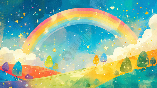 闪闪的天空中一道美丽的卡通彩虹图片