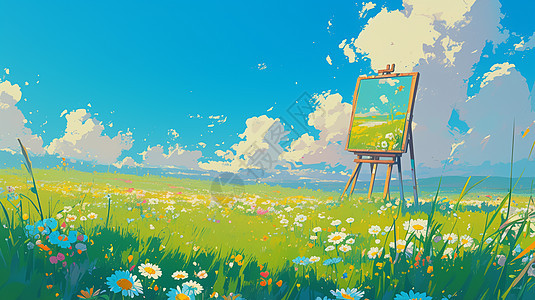 天空下草地上一副画架上有一张美丽的油画图片