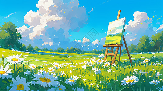 晴朗的天空下草地上画架上有一张美丽的油画图片