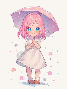 粉色头发的可爱卡通女孩身穿白色连衣裙打着雨伞图片