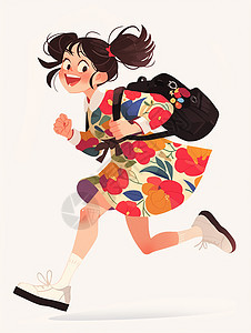 穿花裙子开心奔跑的卡通小女孩图片
