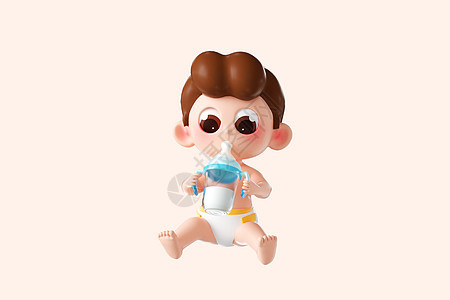 3d立体卡通可爱母婴形象抱着奶瓶喝奶的婴儿图片