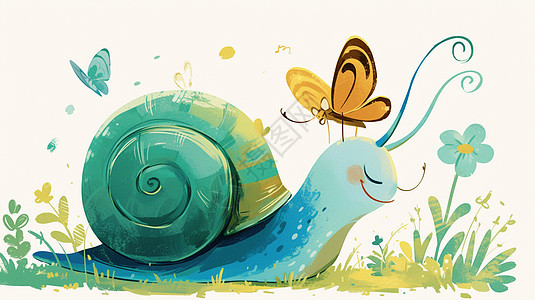 草地上爬行的可爱卡通小蜗牛与蝴蝶图片