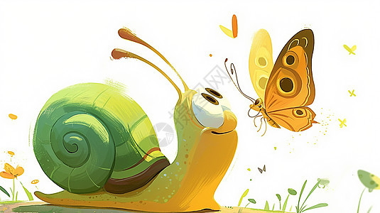 在草地上爬行的可爱卡通蜗牛与蝴蝶图片