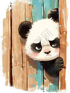 在木门后生气表情的卡通大熊猫图片