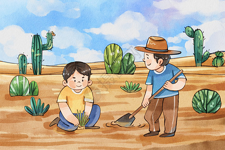 手绘水彩世界防治荒漠化和干旱日之种树与干活的人物插画图片