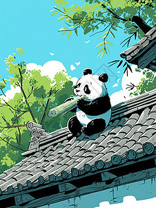 坐在古风屋顶上开心吃竹子的卡通大熊猫图片