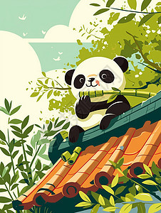 在古风屋顶上开心吃竹子的卡通大熊猫图片