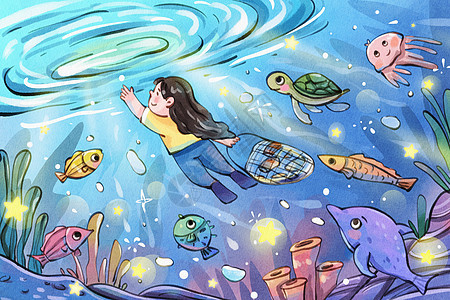 手绘水彩海洋日之女孩捡完垃圾和鱼群治愈插画图片