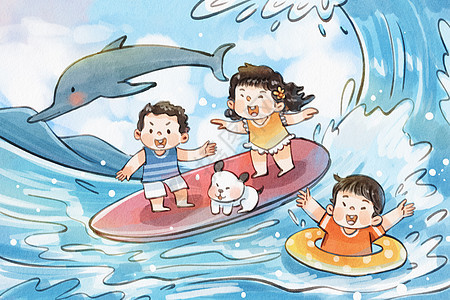 手绘水彩夏天之一群孩子在海上冲浪与海豚治愈系插画图片