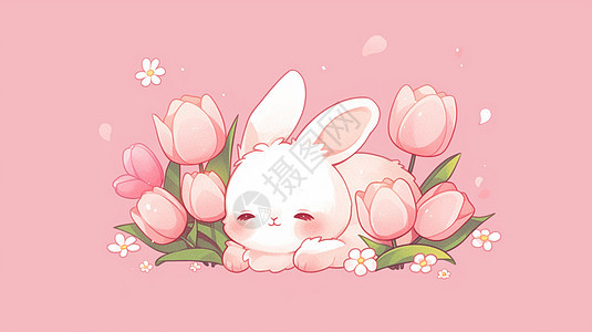 趴在粉色郁金香花丛中的可爱卡通小白兔图片