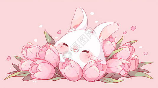 趴在粉色郁金香花丛中的卡通小白兔图片