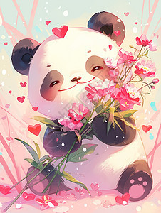 捧着粉色花束开心笑的卡通熊猫图片