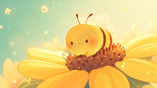 向日葵园中飞着一只卡通小蜜蜂图片