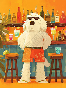 戴黑色墨镜站在酒吧吧台前的卡通小白狗图片