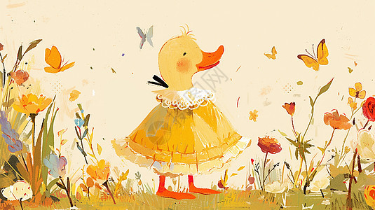 身穿黄色裙子在花丛中的卡通小黄鸭图片