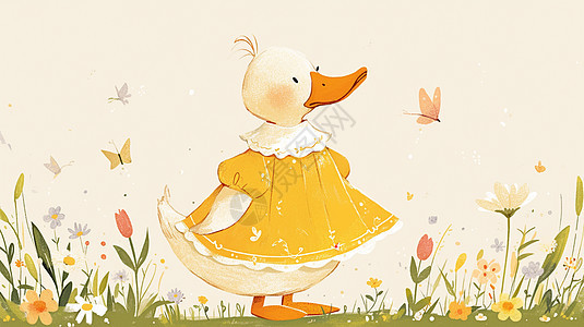 穿黄色裙子在花丛中的卡通小黄鸭图片
