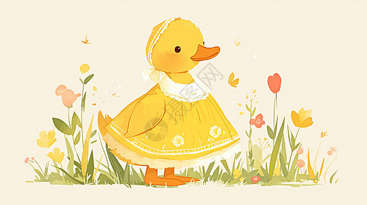 身穿黄色裙子在花丛中的卡通黄鸭图片