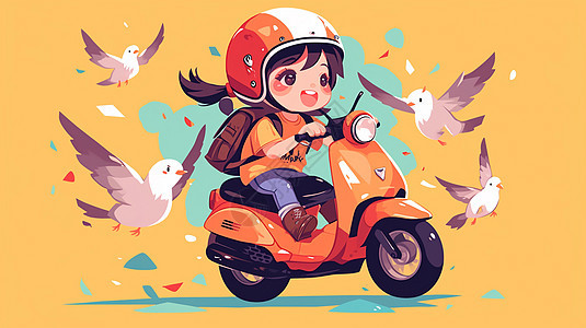 开心骑着红色摩托车戴头盔的卡通女孩图片