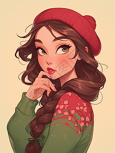 头上戴着红色帽子波浪长发时尚的卡通女孩图片