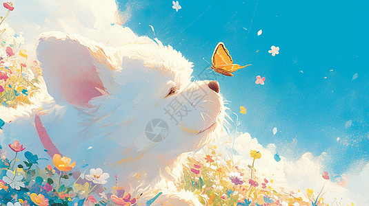 白色可爱的卡通狗在花丛中与蝴蝶玩耍图片