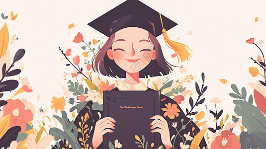 穿学士服站在花丛中的可爱卡通女孩图片